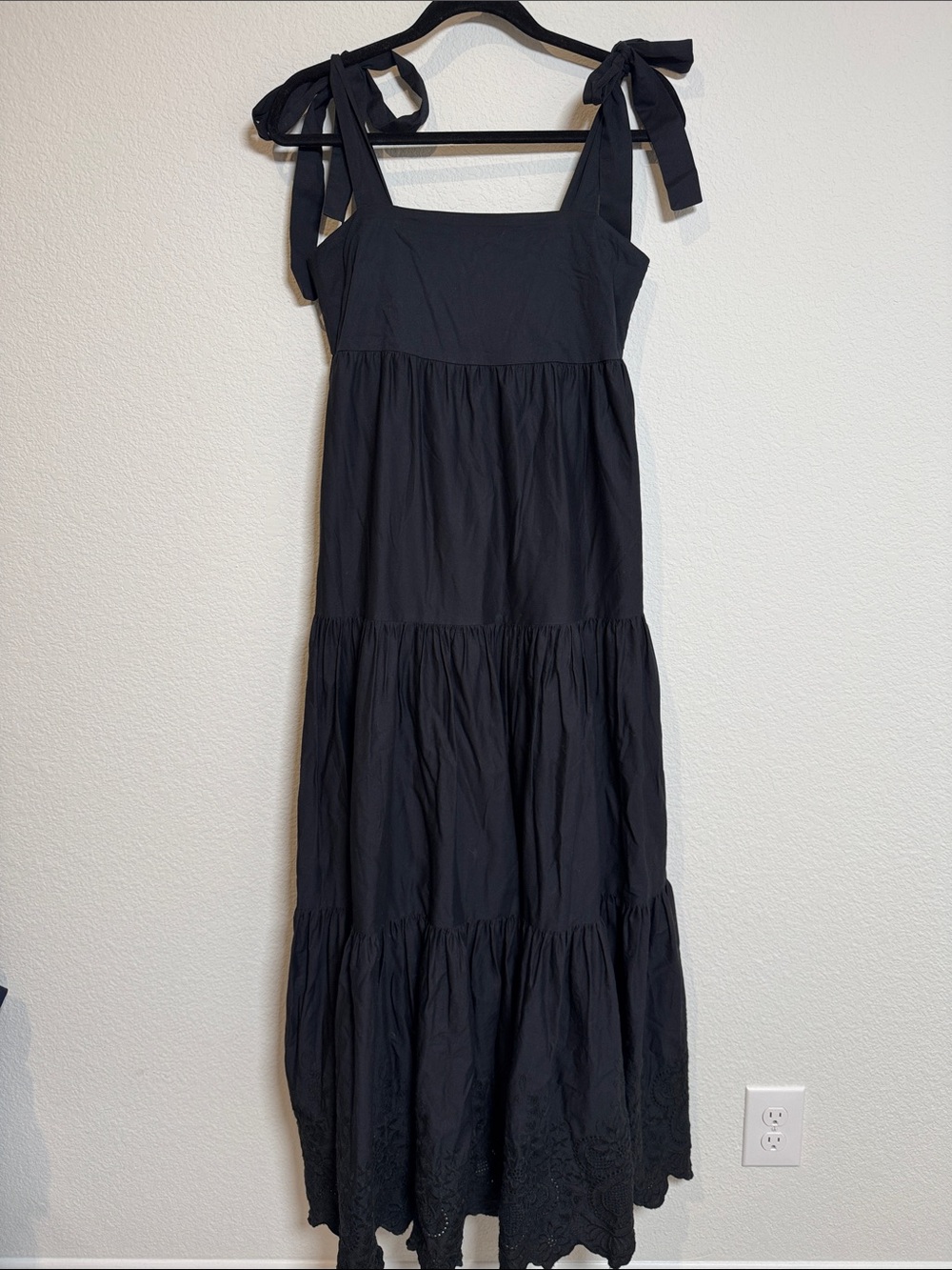 Jason Wu Black Tiered Eyelet Embroidered Tie Strap Maxi Dress Small
